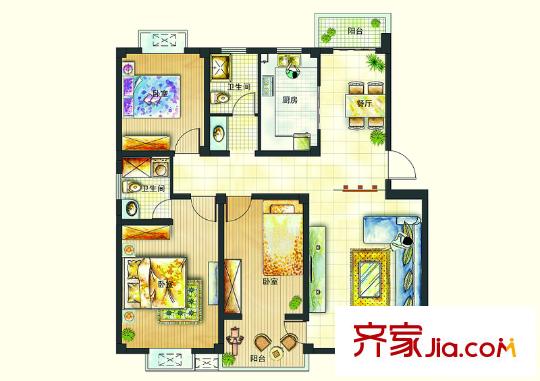 恒邦幸福里户型图A5户型 4室1厅2卫1厨