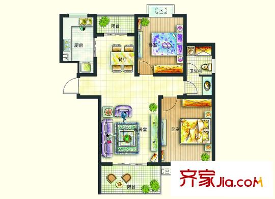 恒邦幸福里户型图B3户型 2室2厅1卫1厨