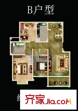 金地华府1#-3#边户B户型 3室2厅1卫1厨