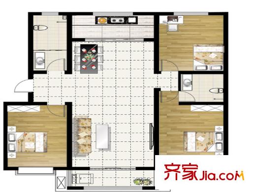 惠和园户型图一期多层4、5、11号楼标准层C户型 3室2厅2卫1厨