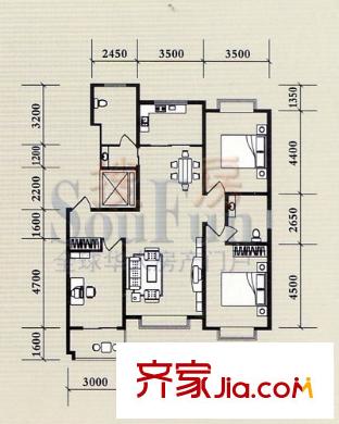 龙泽名都户型图3室2厅2卫1厨