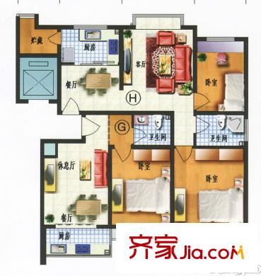华景新城户型图H户型 2室2厅1卫1厨