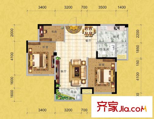 华府一品户型图7#楼A1户型 3室2厅1卫1厨