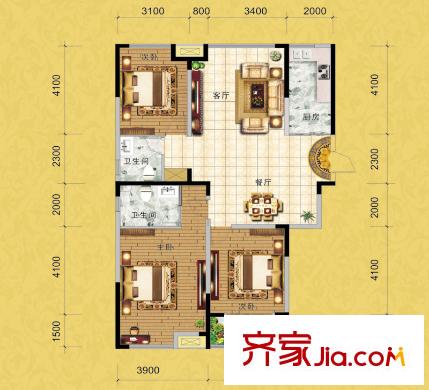 华府一品户型图2/5/7#楼C1户型 3室2厅2卫1厨