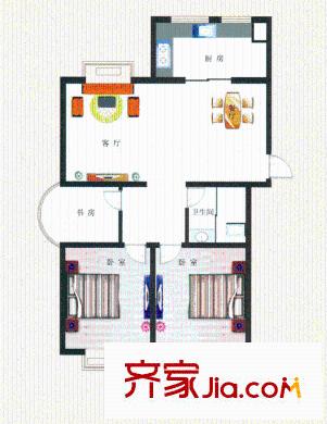 东方明珠D户型 3室2厅1卫1厨