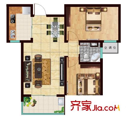 帝景国际一期12#楼2户型 2室2厅1卫1厨