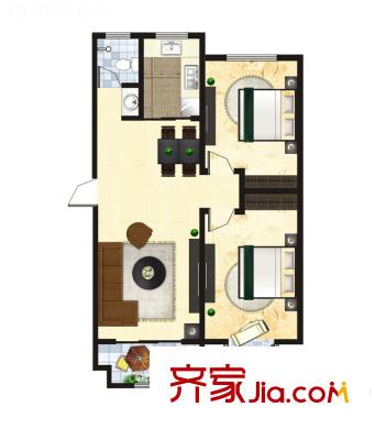 水岸名居8号楼2单元东户型 2室2厅1卫