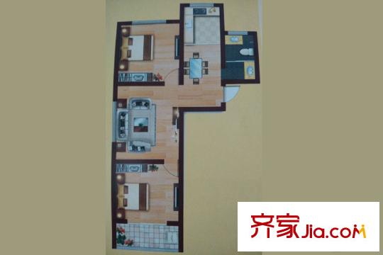 水岸名居1号楼B户型 2室2厅1卫1厨