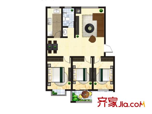水岸名居10号楼2单元西户型 3室2厅1卫