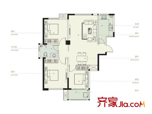 佳境天城高层2#A户型 3室2厅1卫1厨