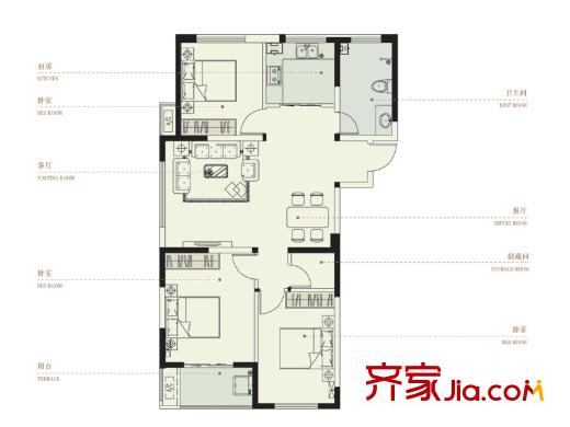 佳境天城高层1#C户型 3室2厅1卫1厨