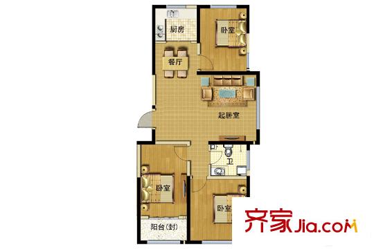 龙耀锦都高层E户型 3室2厅1卫1厨