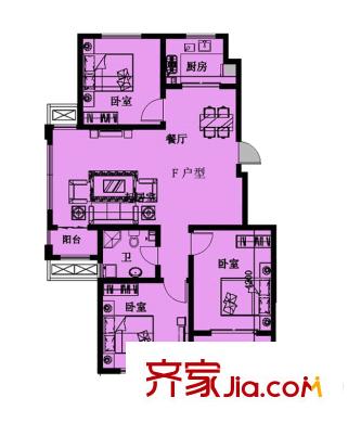 龙耀锦都一期多层F户型 3室2厅1卫
