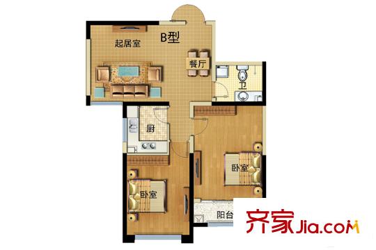 龙耀锦都高层B户型 2室2厅1卫1厨