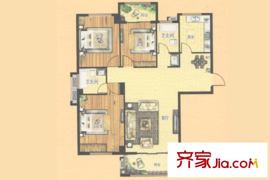 金科华府6号楼C3户型 3室2厅2卫1厨