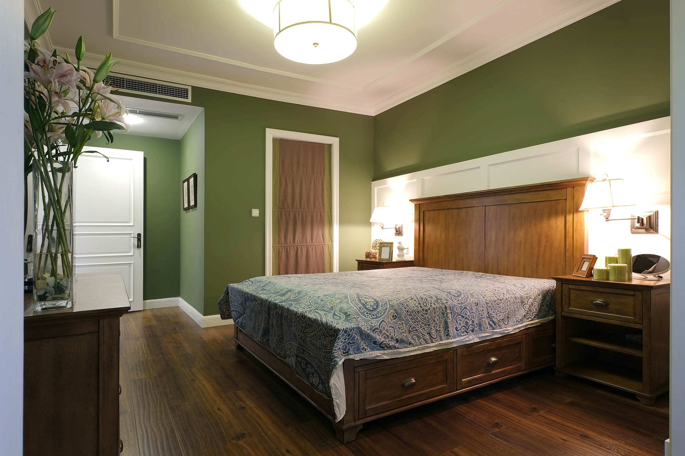 美式风格,140平米以上装修,大户型,15-20万装修,卧室,卧室背景墙,绿色