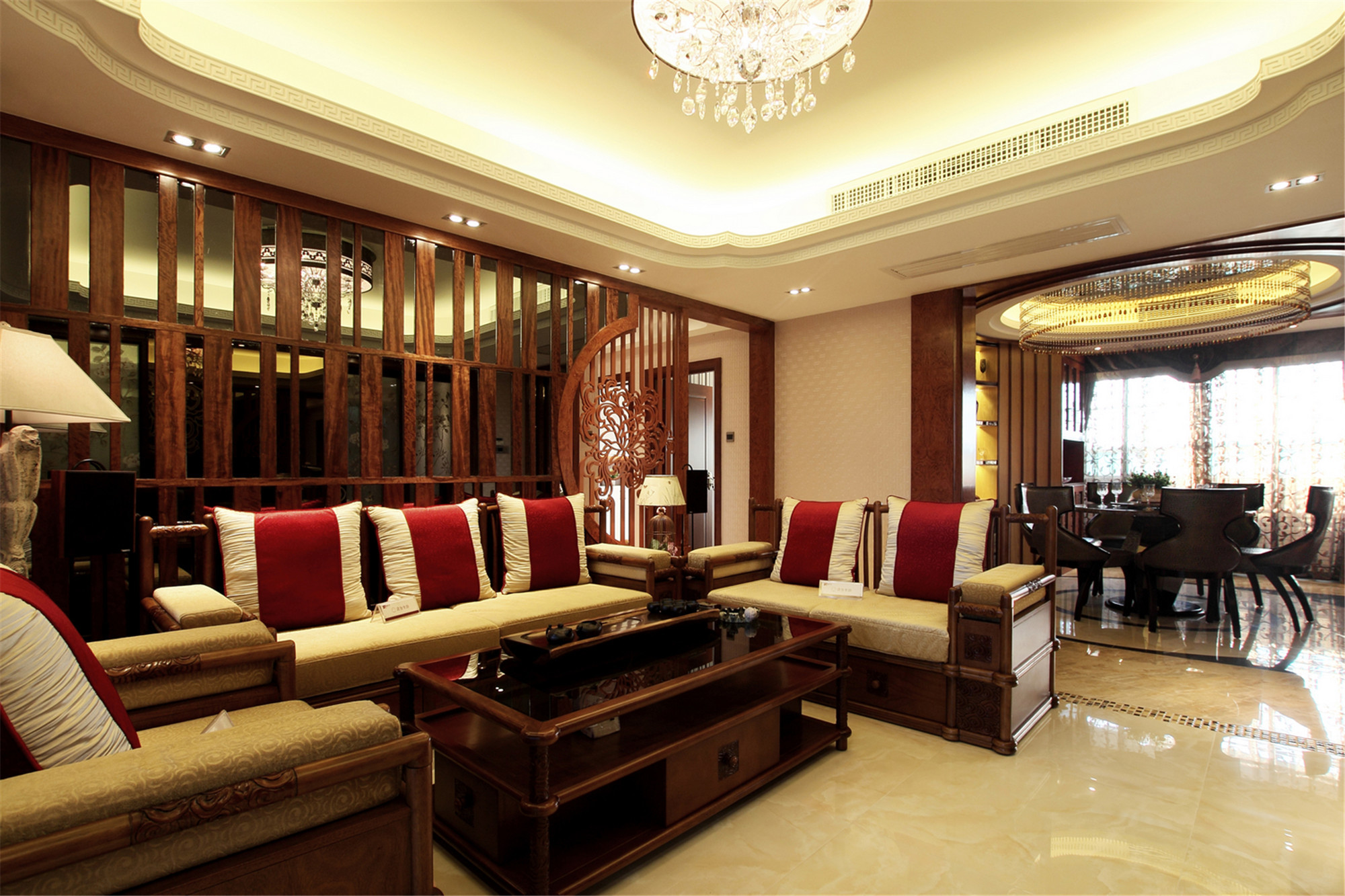120平米装修,中式风格,三居室装修,15-20万装修,客厅,沙发,沙发背景墙,暖色调
