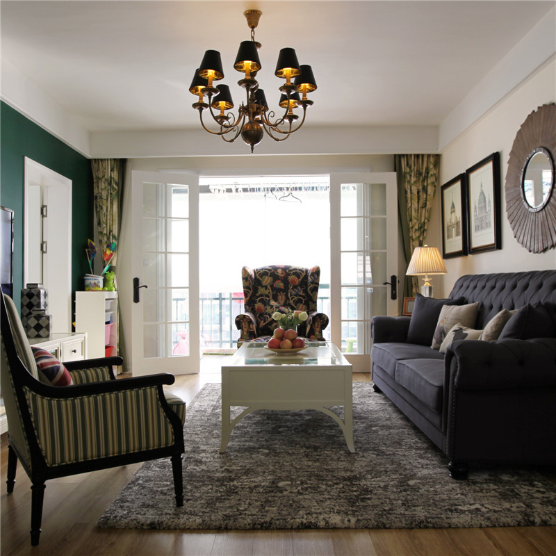 美式风格,100平米装修,三居室装修,15-20万装修,客厅,灯具,沙发,茶几,白色,绿色