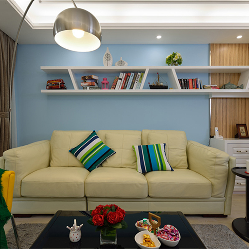 简约风格,20万以上装修,二居室装修,100平米装修,客厅,沙发背景墙,蓝色