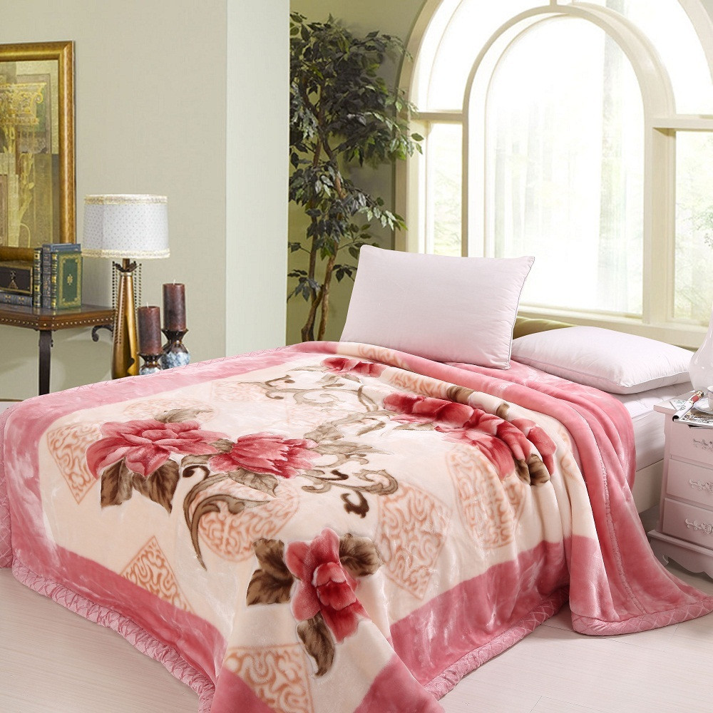 淼云阁 粉红色拉舍尔毛毯冬季植物花卉 毛毯