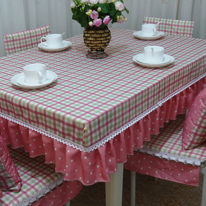 恬田 蓝色格子粉色格子布田园 桌布