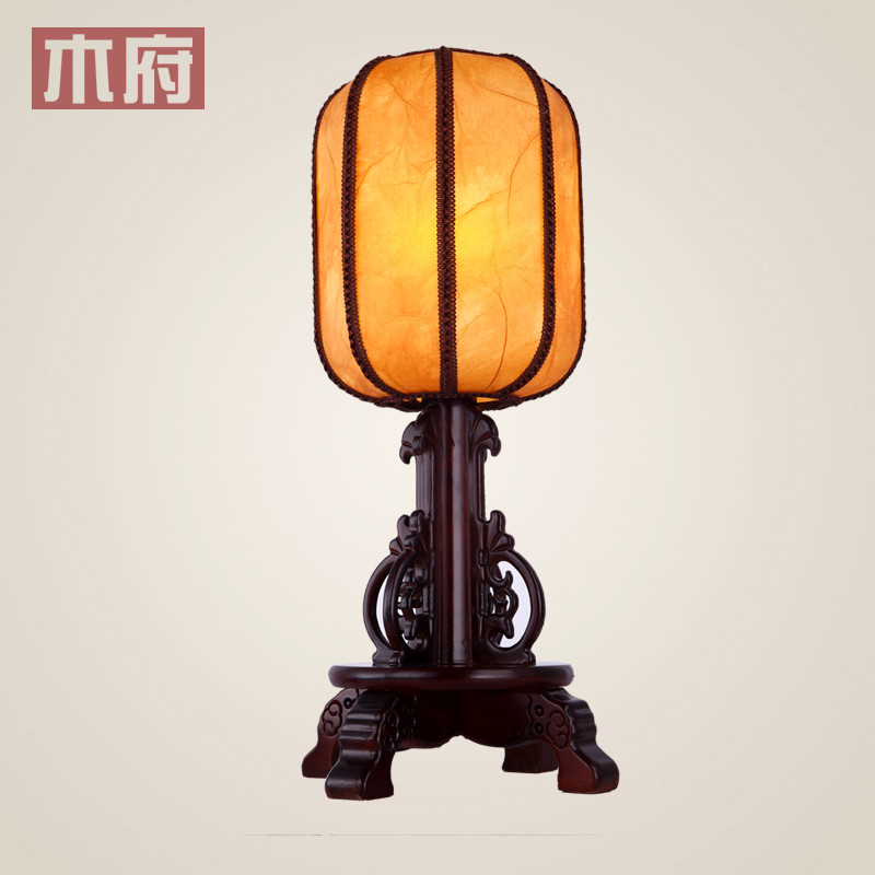 木府 古红色实木框架pvc明清古典镂空雕花 台灯