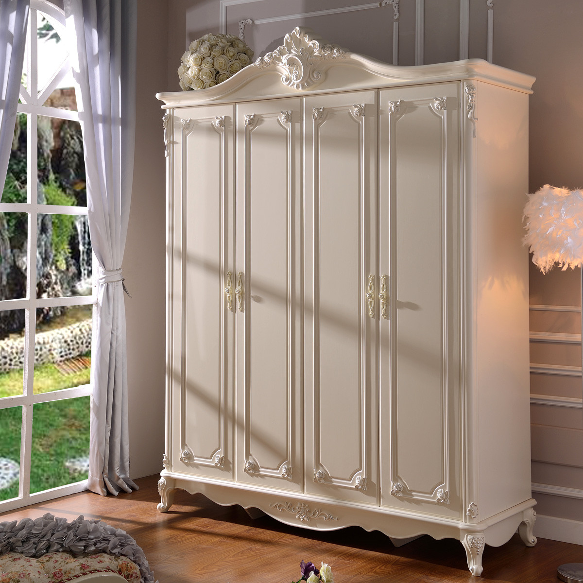 印象公馆 浮雕实木皮饰面橡木拆装平拉门植物花卉成人欧式 衣柜