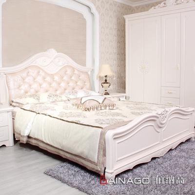 佰纳高 象牙白韩式床橡胶木框架结构雕刻 床