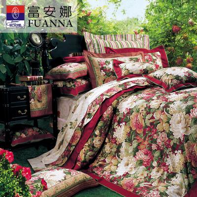富安娜 现代中式斜纹植物花卉床单式宫廷风 床品件套四件套