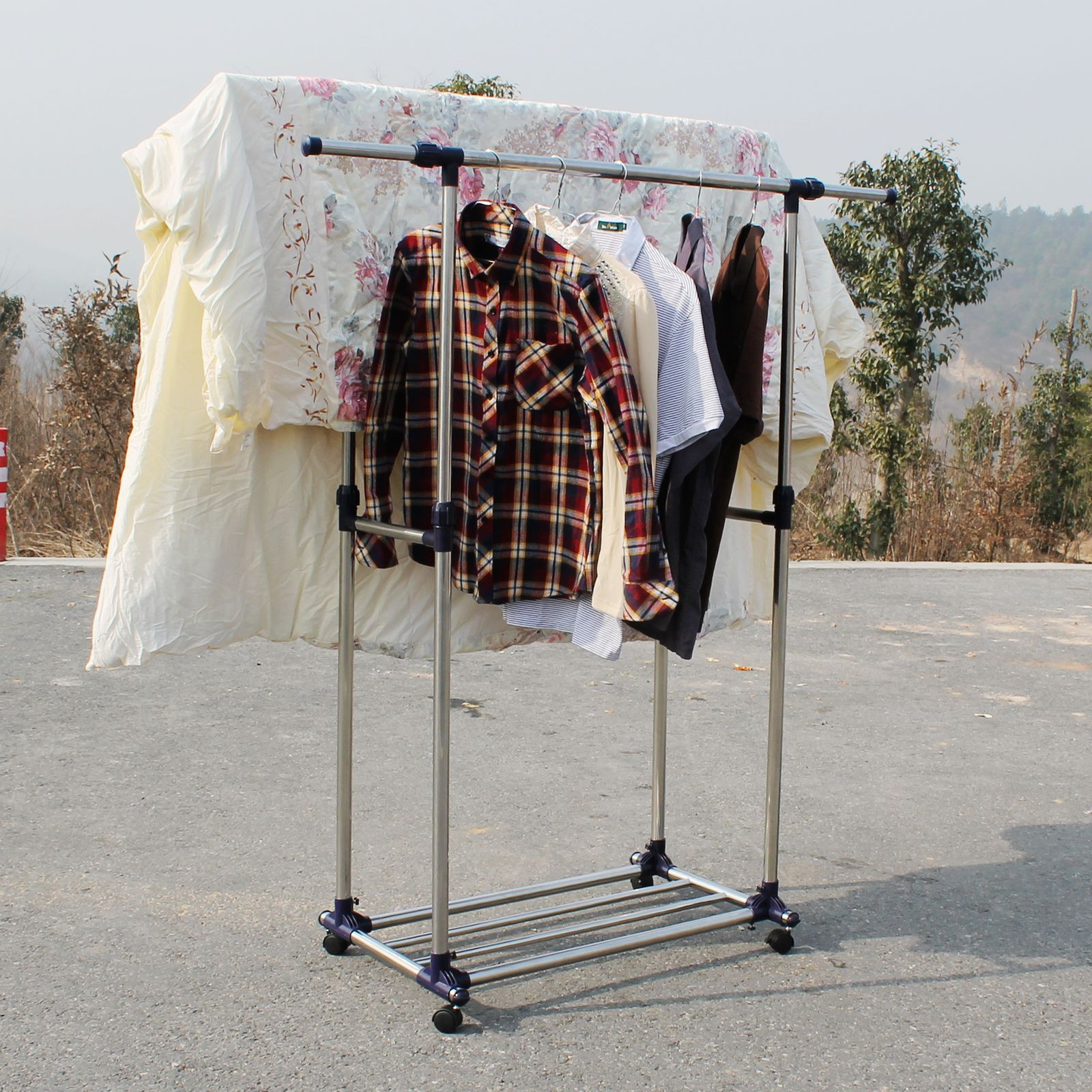 博饰宝 乳白色深蓝色落地伸缩式不锈钢双杆式 晾衣架