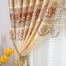 布帘+纱帘装饰+半遮光纱涤棉混纺人造纤维植物花卉草叶子普通打褶打孔帘欧式 窗帘