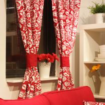 红色布装饰+半遮光平帷棉植物花卉普通打褶穿杆帘简约现代 窗帘