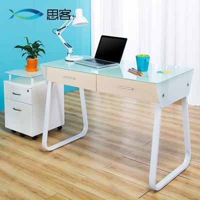思客 钢化玻璃面-白色钢架人造板电脑桌密度板/纤维板拆装单个简约现代 书桌