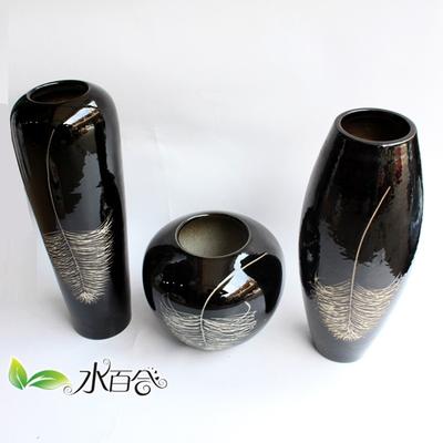 水百合 陶瓷台面陶艺三件套 乌金白羽毛花瓶花瓶现代中式 花瓶