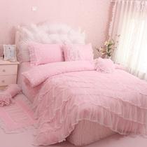 浅蓝色粉红色浅黄色蕾丝边荷叶边纯色床罩式韩式风 床品件套四件套