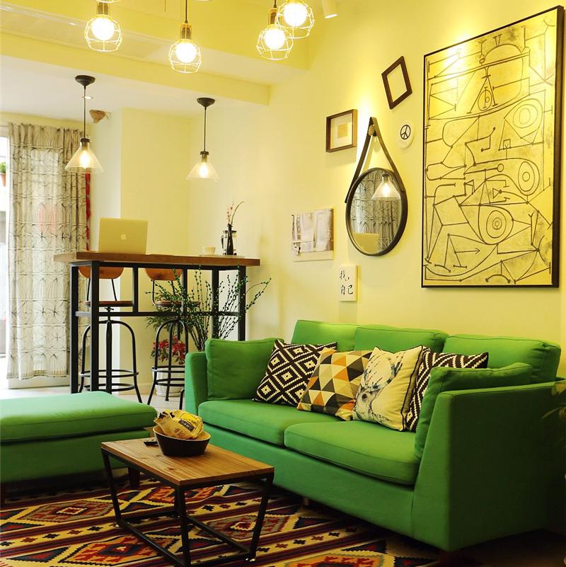 5-10万装修,二居室装修,60平米装修,客厅,loft风格,沙发背景墙,沙发,黄色,绿色