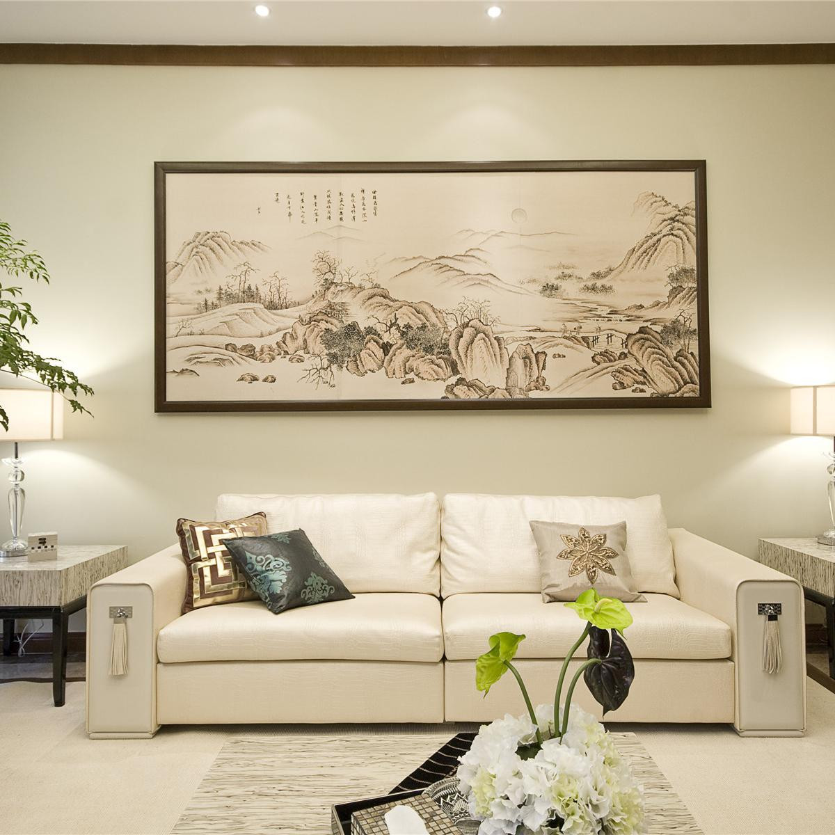 90平现代中式三居装修沙发背景墙图片