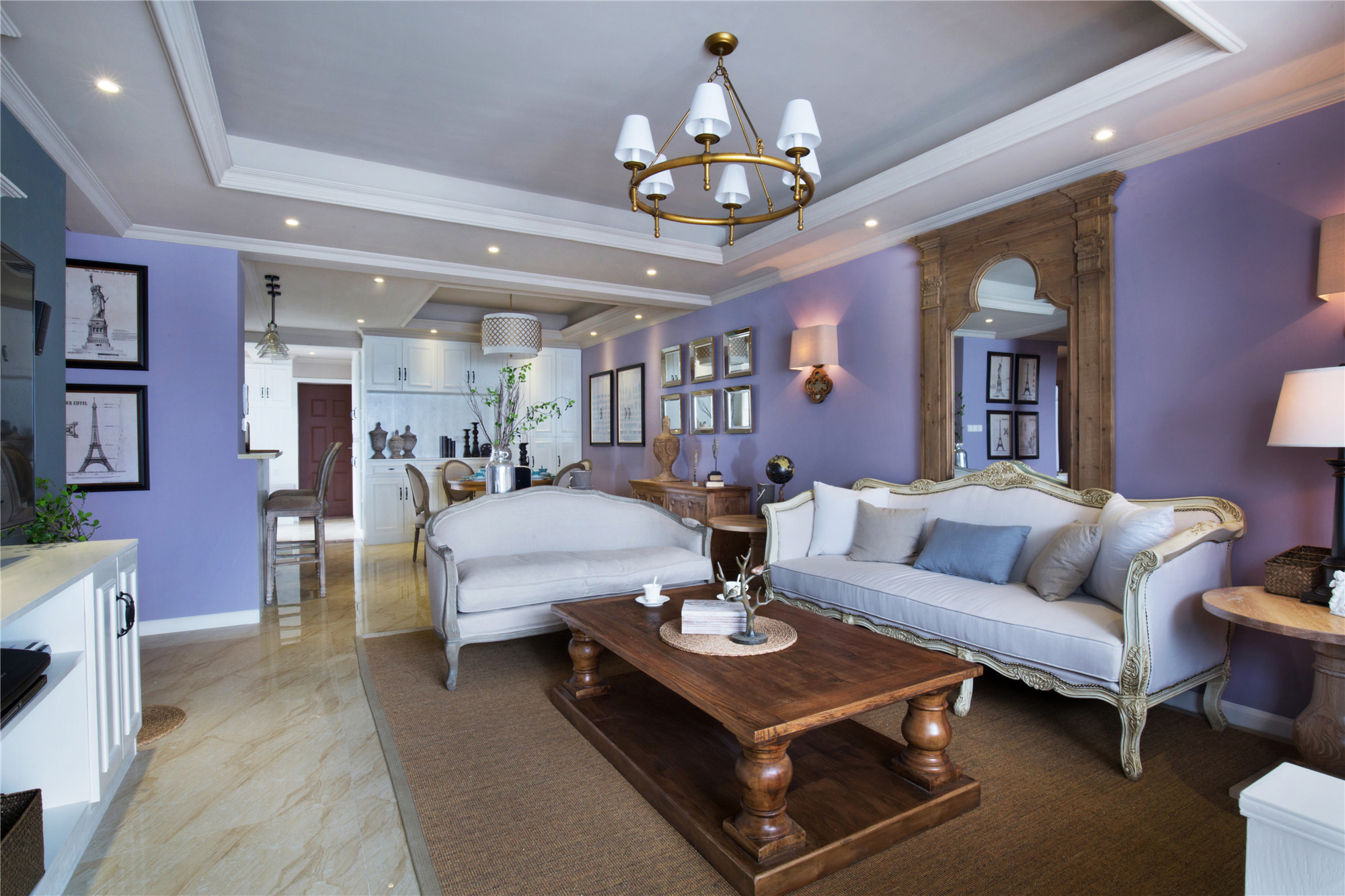 美式风格,三居室装修,20万以上装修,140平米以上装修,客厅,沙发,沙发背景墙,紫色