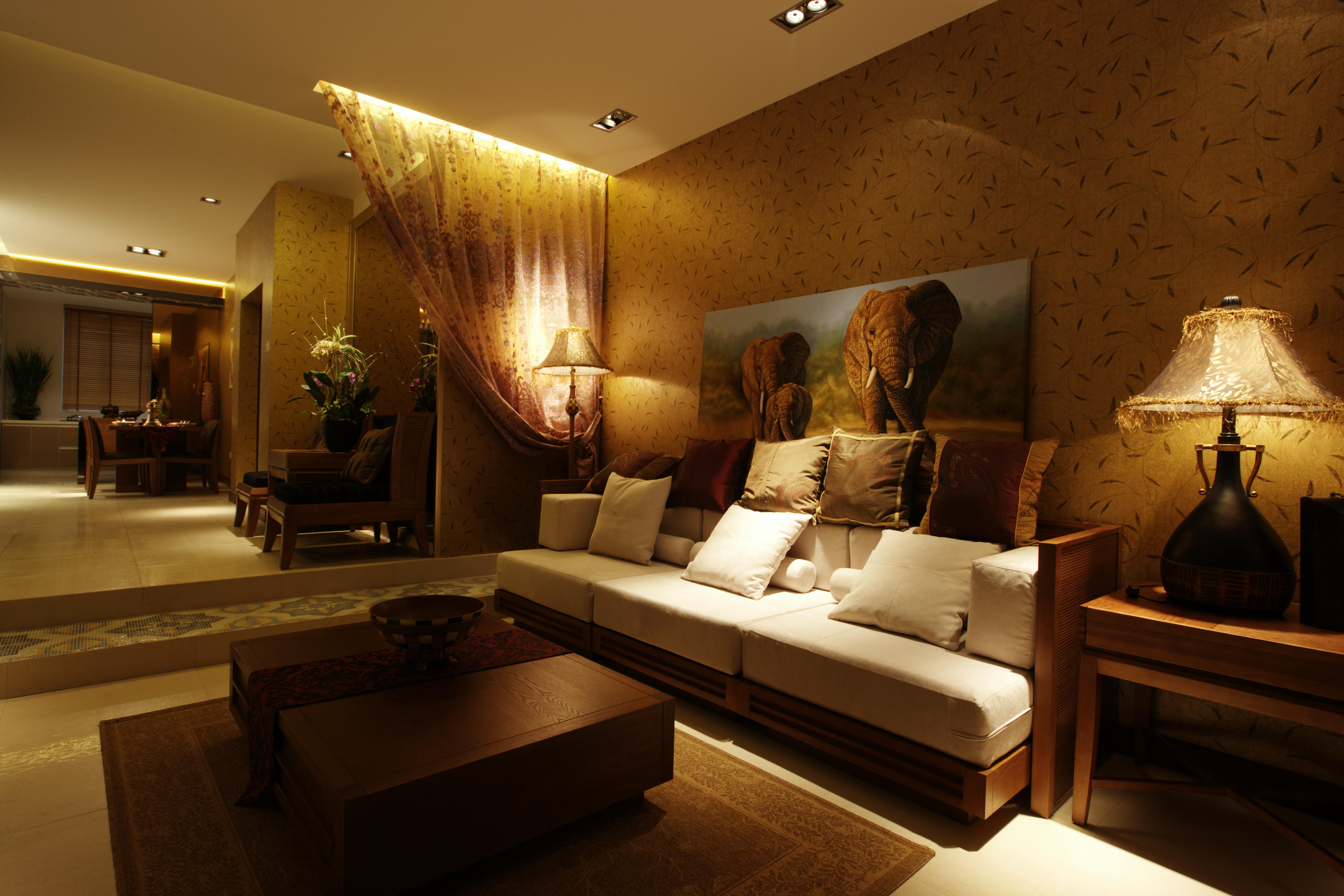 5-10万装修,二居室装修,120平米装修,客厅,东南亚风格,沙发背景墙,咖啡色