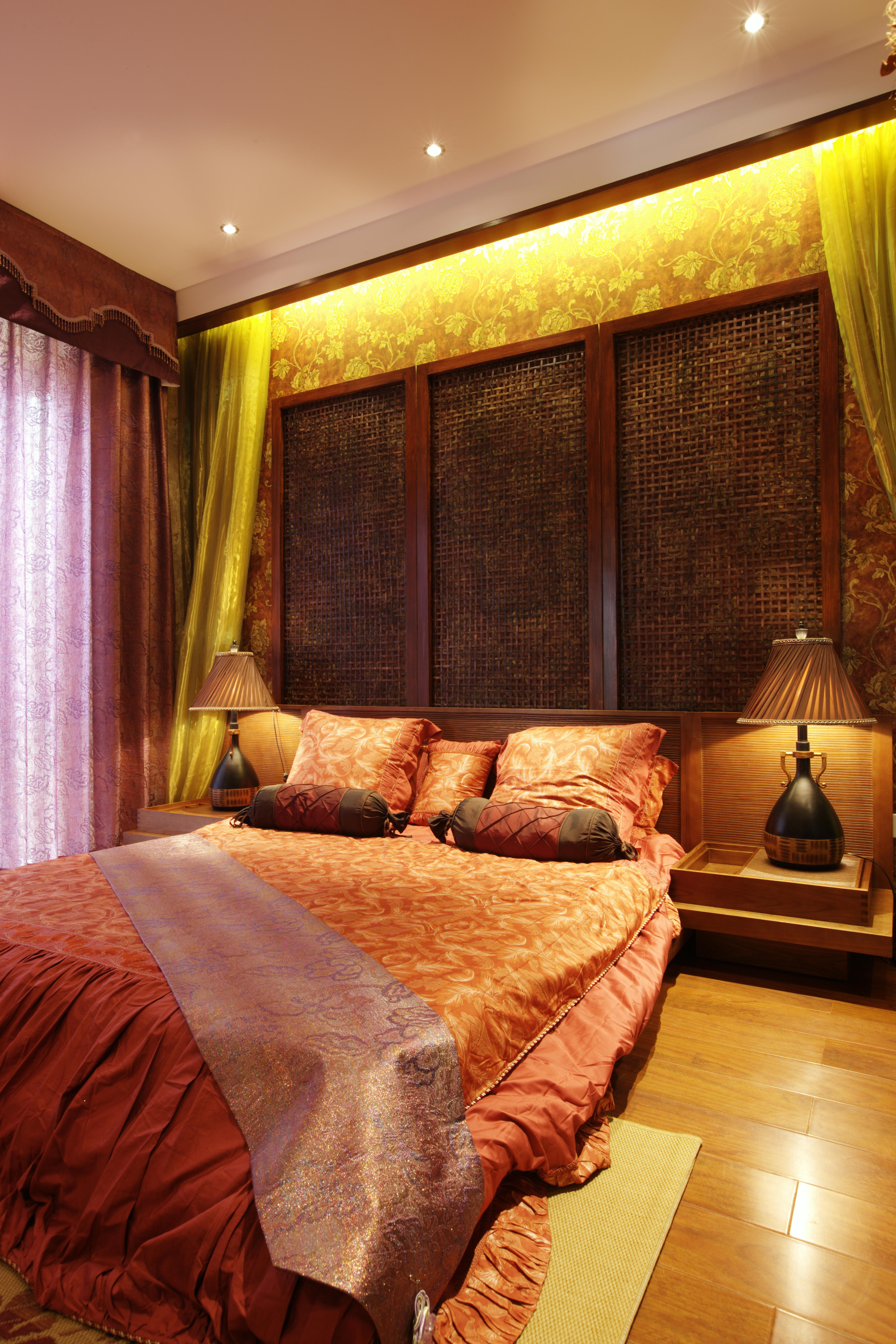 5-10万装修,二居室装修,120平米装修,卧室,东南亚风格,卧室背景墙,暖色调