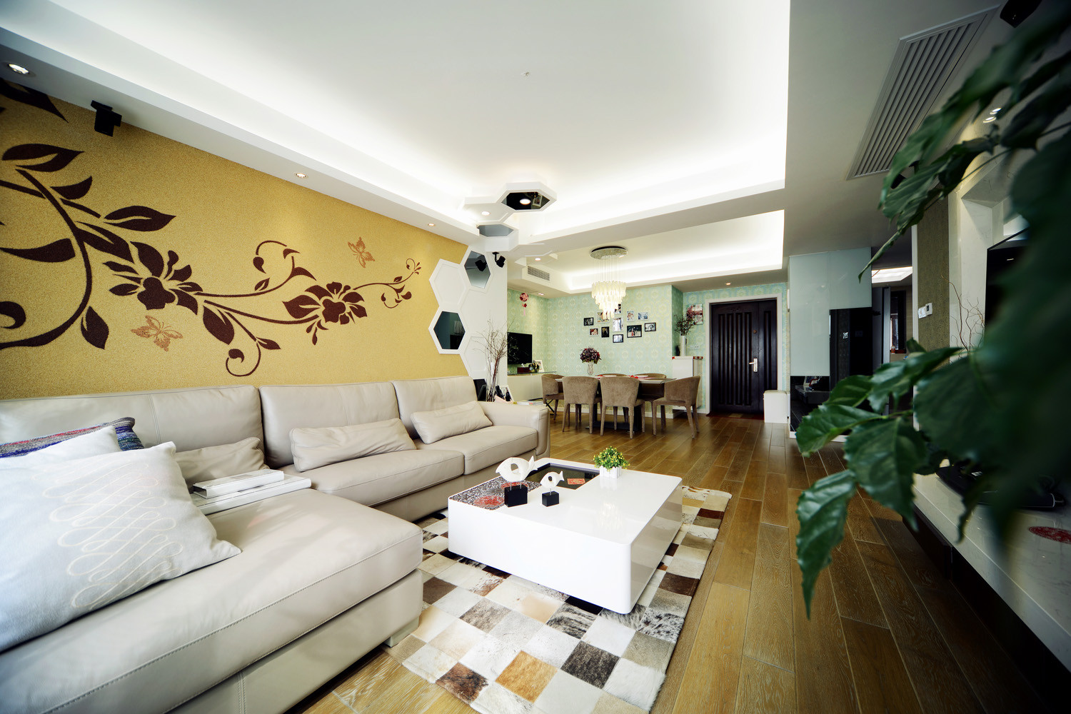 二居室装修,100平米装修,15-20万装修,客厅,沙发背景墙,现代简约风格,金色