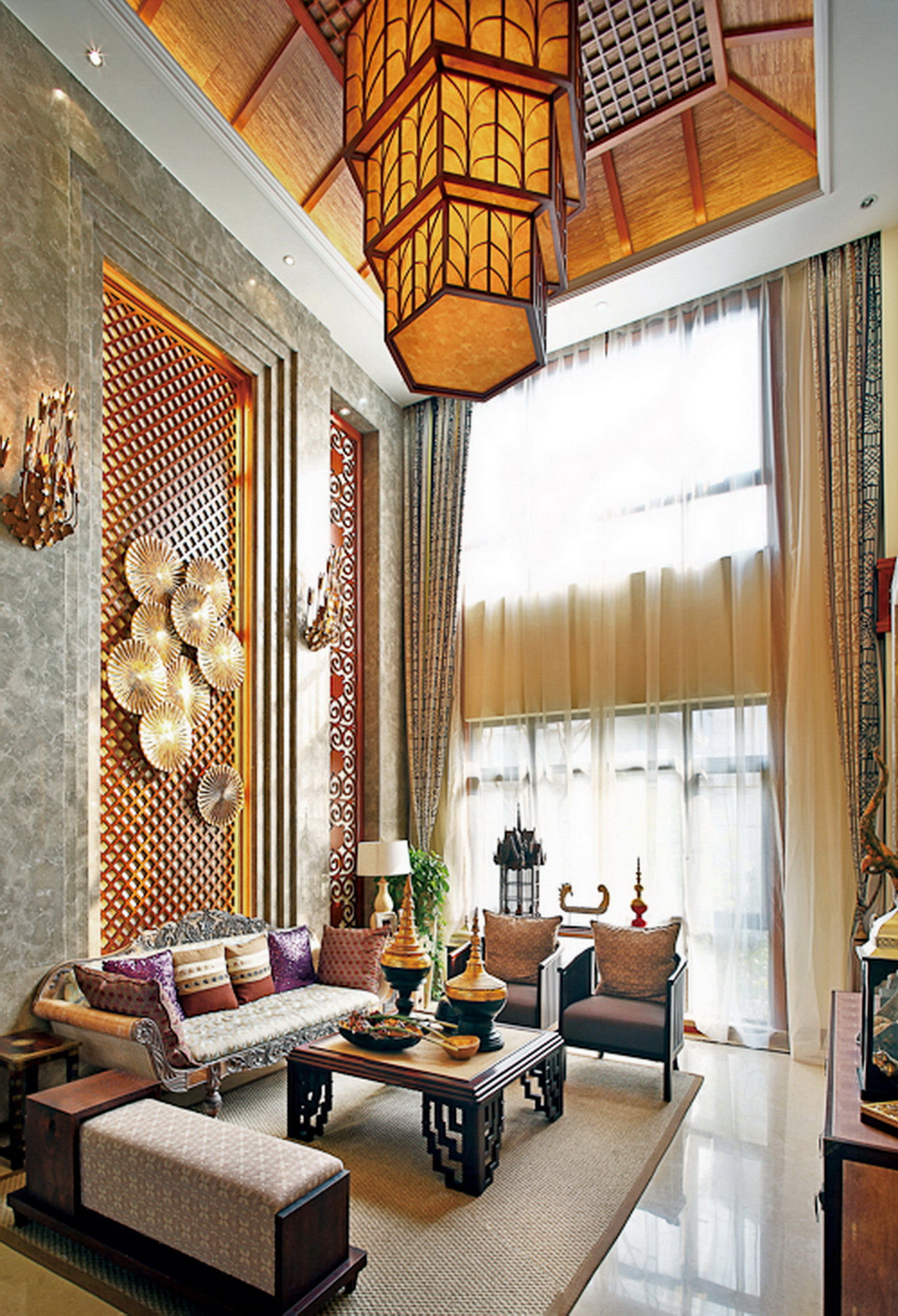 东南亚风格,别墅装修,20万以上装修,140平米以上装修,客厅,沙发背景墙,灯具,暖色调