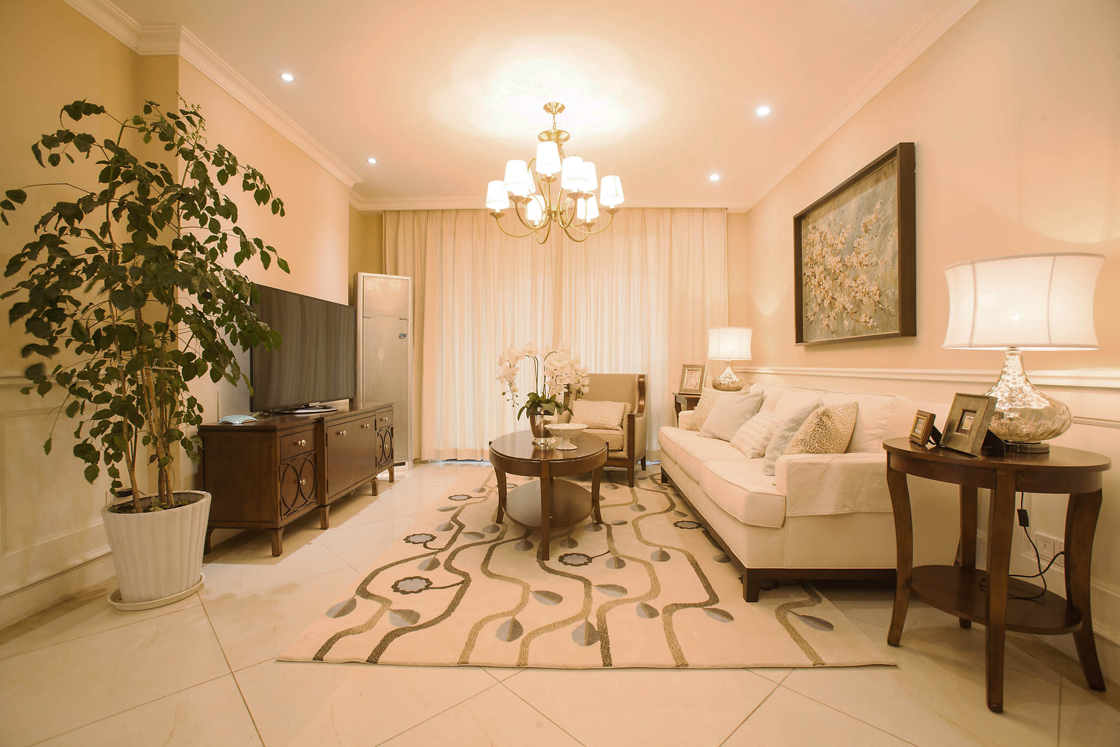 美式风格,120平米装修,15-20万装修,三居室装修,客厅,沙发,窗帘,沙发背景墙,白色