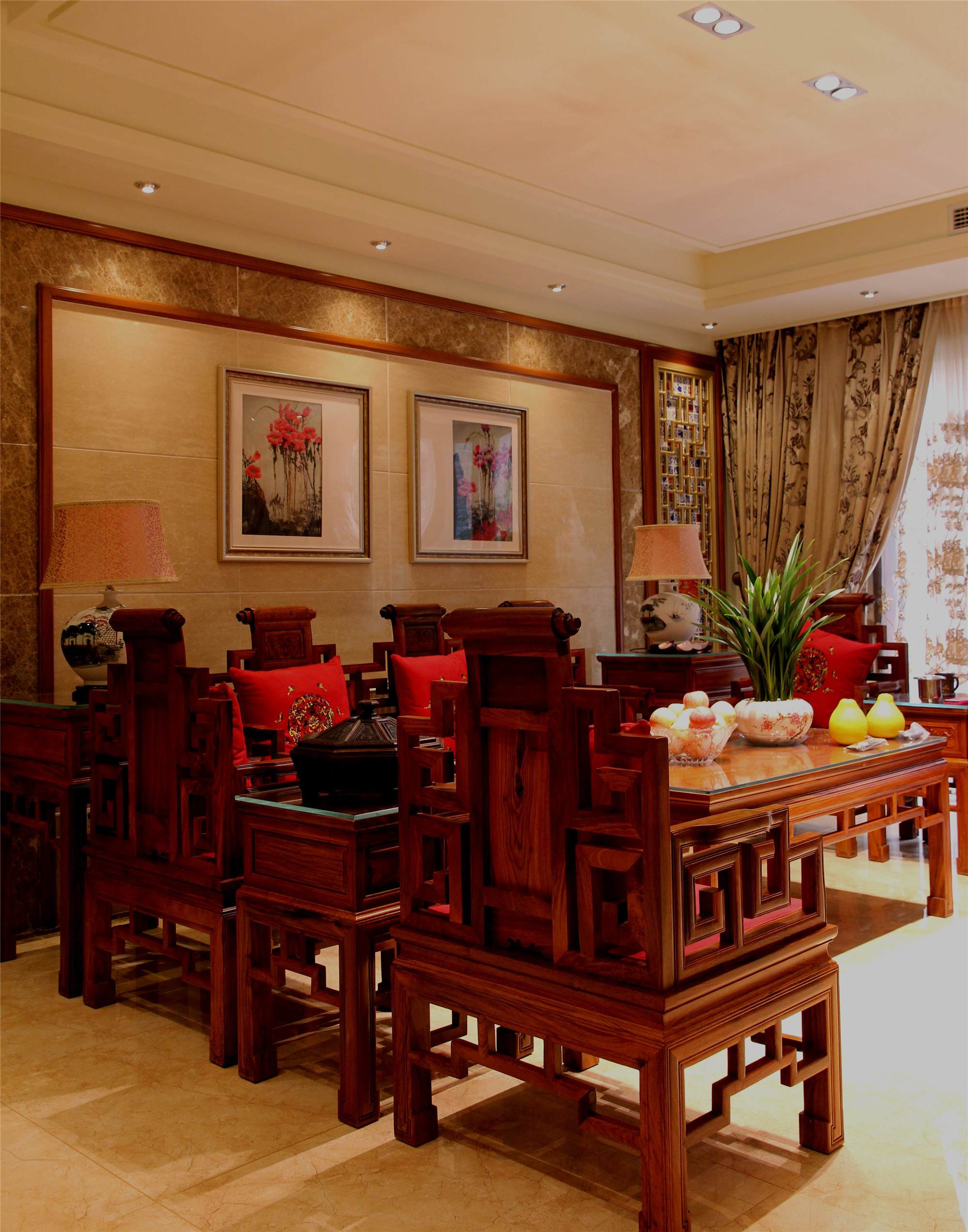 中式风格,140平米以上装修,大户型,20万以上装修,客厅,沙发,沙发背景墙,红色