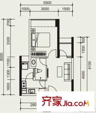 昆山 哥伦国际 户型图 1室1厅1卫
