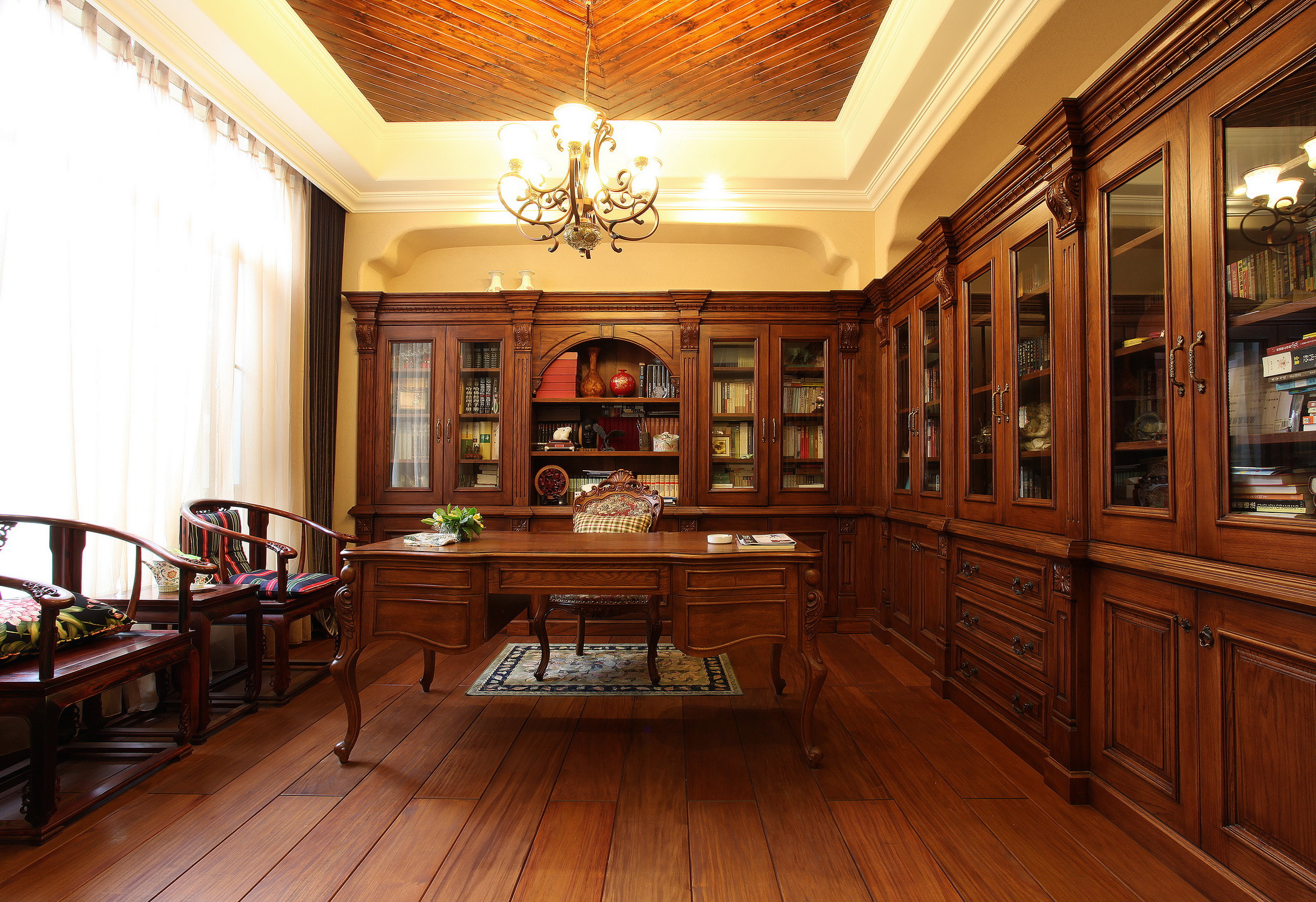 美式风格,别墅装修,20万以上装修,140平米以上装修,书房,书桌,书柜,褐色