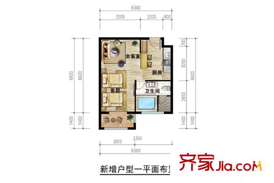 京东玉龙湾国际运动度假山谷55平米一居酒店公寓户型图 1室1厅1卫1厨