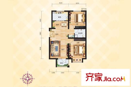 尚品国际M1户型图 2室2厅1卫1厨