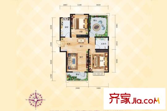 尚品国际K1户型图 2室2厅1卫1厨