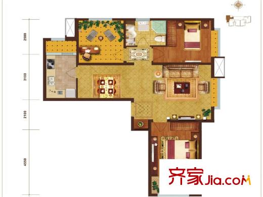 鸿坤・理想湾E户型 3室2厅1卫1厨